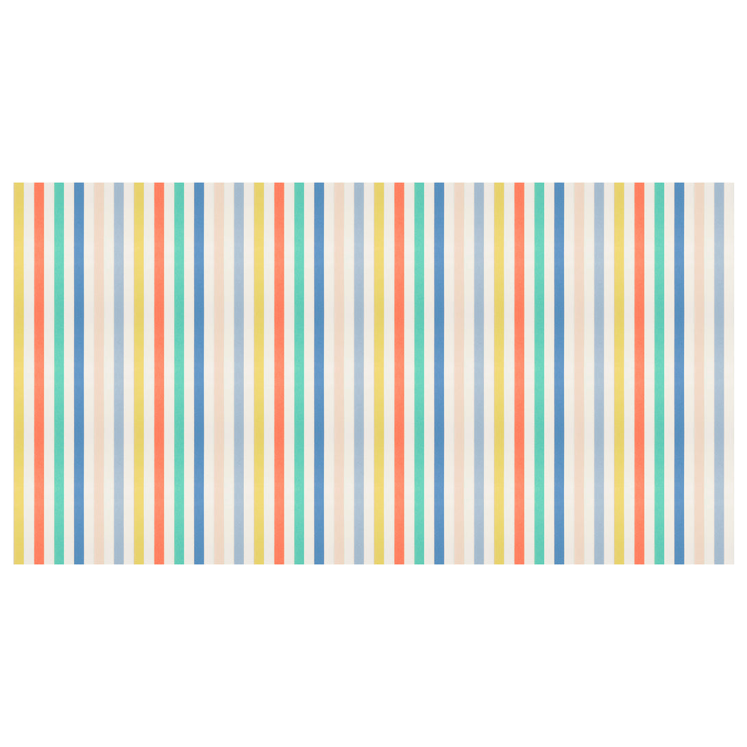 Our party tablecloth, made from laminated paper with colorful stripes, is great to add to your birthday party supplies.