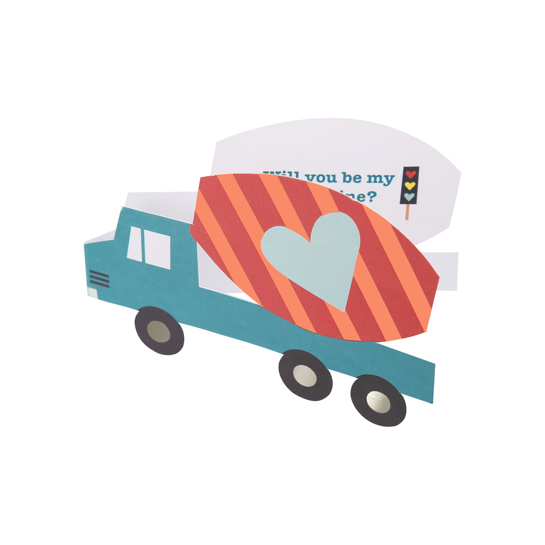 Our Valentine's cards for kids set include brightly colored trucks and Valentine's stickers.