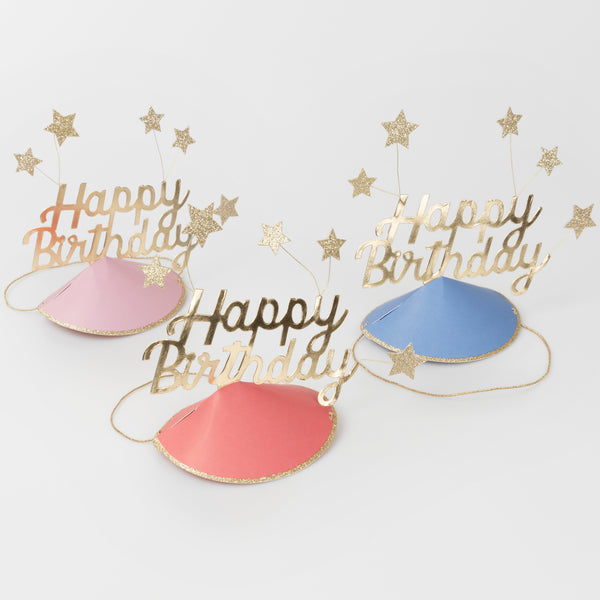 Make your guests look amazing with our fun birthday party hats, with gold glitter stars and bright colors.