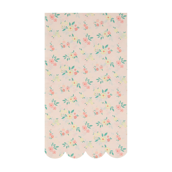 Our paper guest towels feature a ditsy floral pattern in 4 vintage color ways of pink napkins, mint napkins,, blue napkins, and peach napkins. Image6