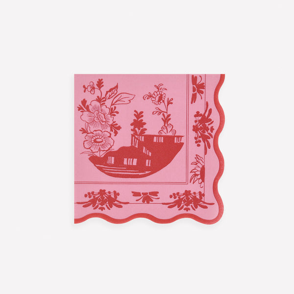 Our small paper napkins, in two shades of pink, feature beautiful bridge and botanical illustrations, perfect for any elegant occasion. Image1
