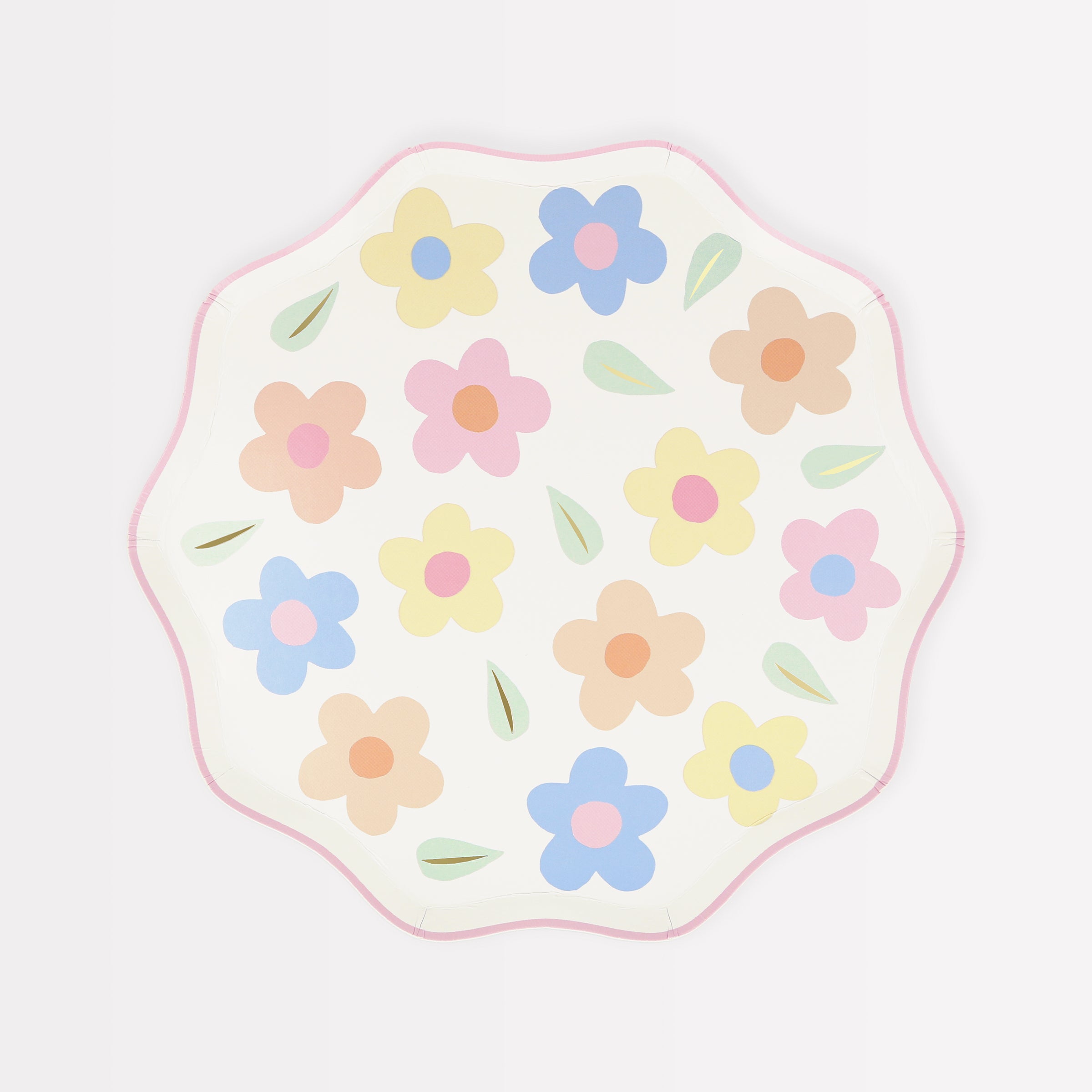 Our paper plates, with floral designs, have pink scalloped borders and shiny gold foil details.