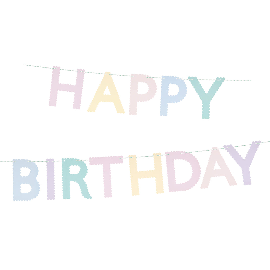 Our paper garland, with the words Happy Birthday in pastel scalloped letters, is the perfect birthday party decoration.