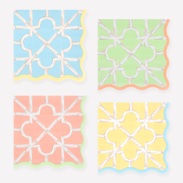 Our small napkins, made from 3-ply paper, come in four bright colors with a sensational bamboo design, perfect for cocktail parties and meals. Image1