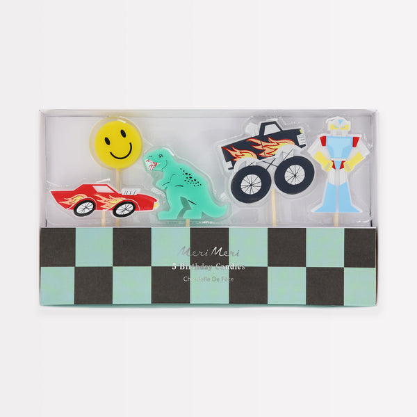 Our Toybox party set includes tableware, candles, party bags and a garland all with vibrant retro designs, ideal for fun birthday parties. Image1