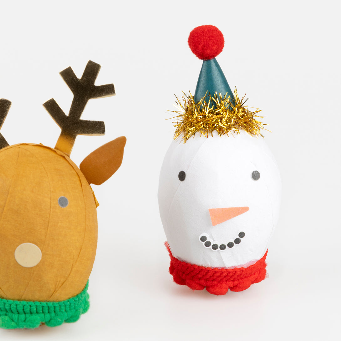 Our surprise balls, in the shape of Santa, a snowman and a reindeer, contain a gold party hat, 2 stickers, a joke and a fun eraser. Image4