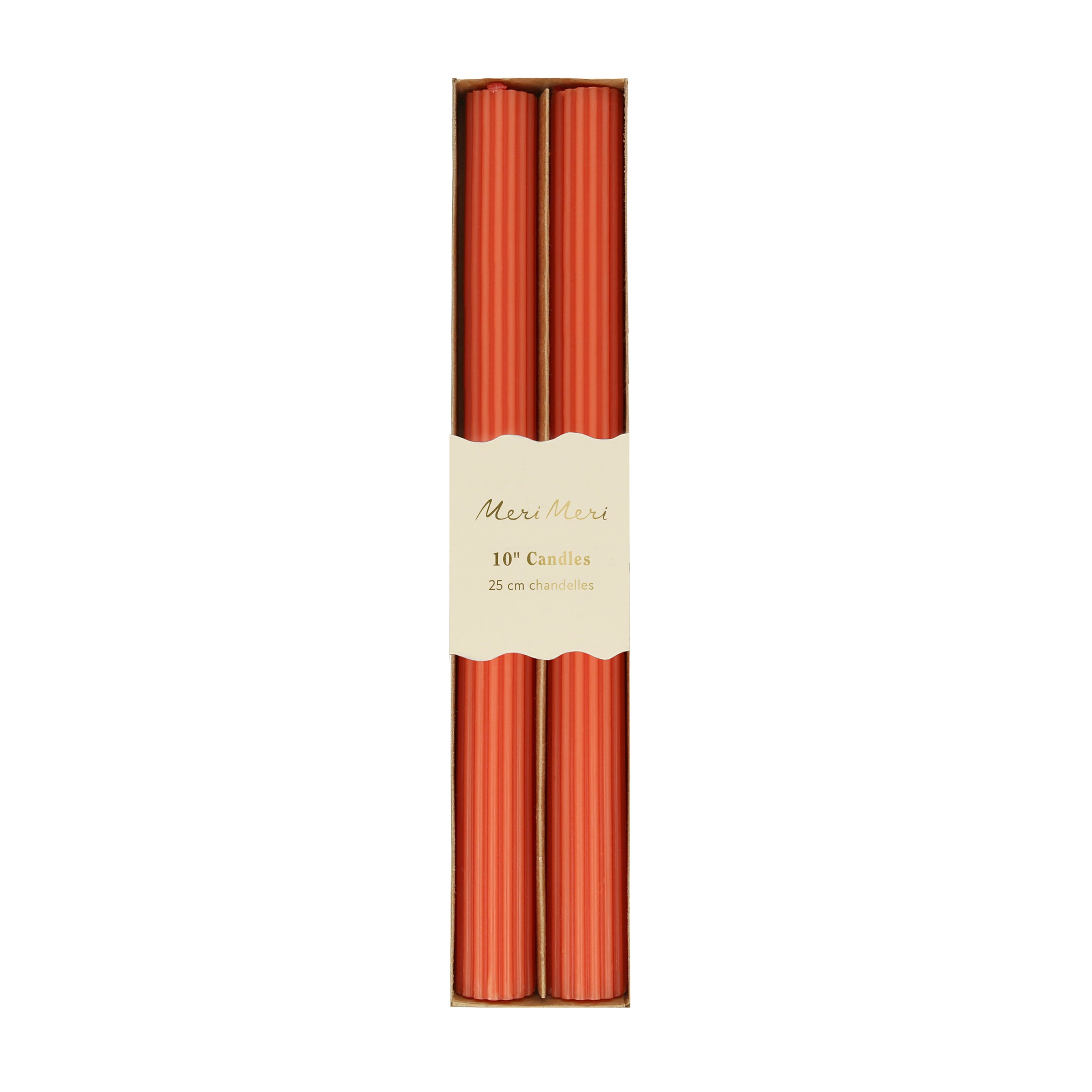 Our tall candles, in coral, are wonderful as a hostess gift or table decoration.