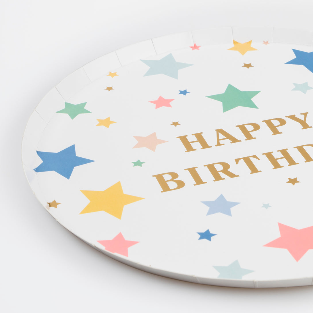 Our party plates have colorful stars and gold letters, perfect as birthday party plates.