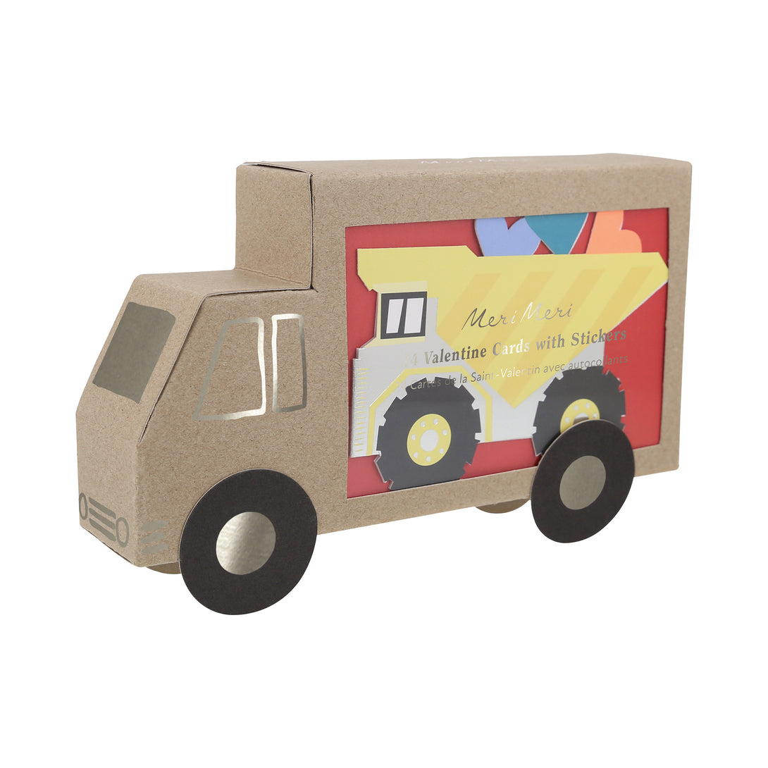 Our Valentine's cards for kids set include brightly colored trucks and Valentine's stickers.