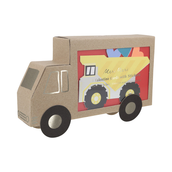 Our Valentine's cards for kids set include brightly colored trucks and Valentine's stickers. Image1