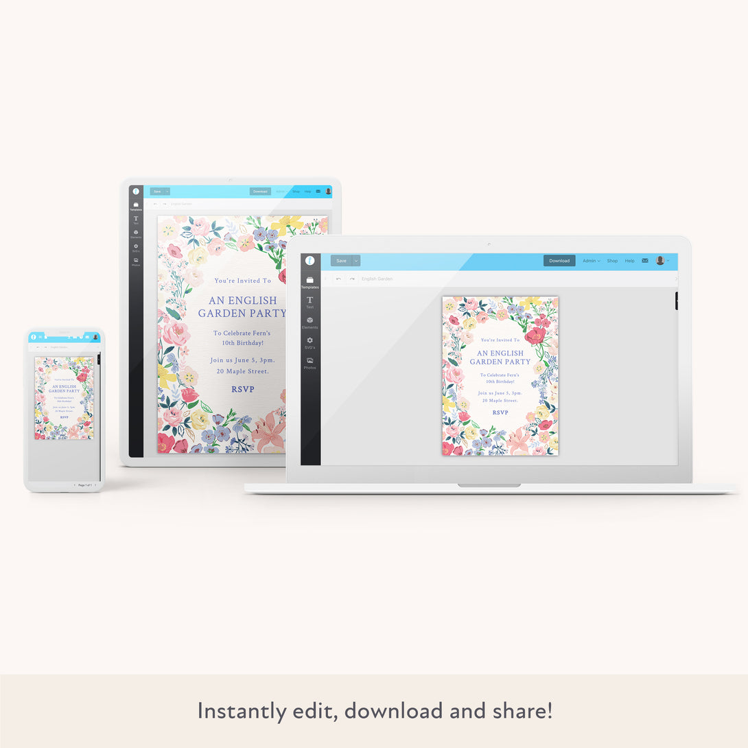 Our stylish digital party invitation includes flowers and a bow for a charming look, perfect for a garden party.