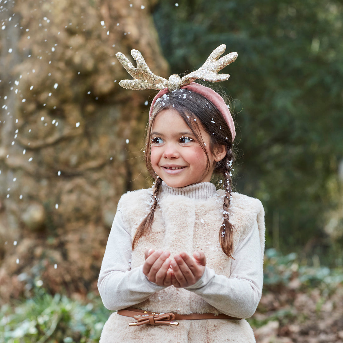 Make your Christmas hair look amazing with our antler headband, made with soft velvet and a sequinned gold fabric material.