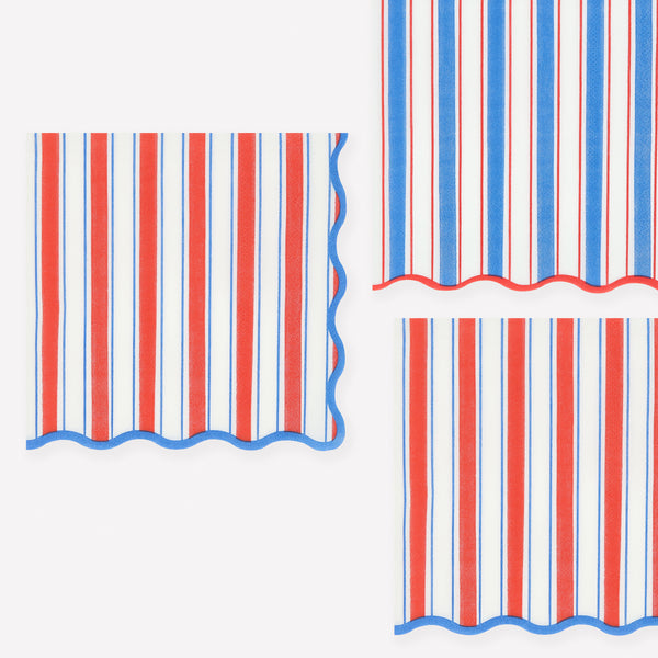 Use our large napkins, made from 3-ply paper with red, white and blue stripes, to enhance a nautical themed party. Image1