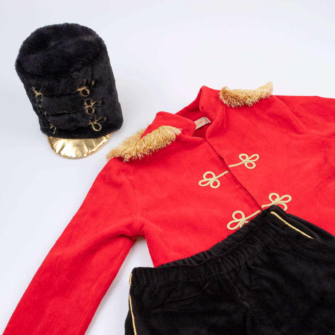 Our drummer boy soldier costume is crafted from soft velvet and plush, a traditional Christmas costume for kids.