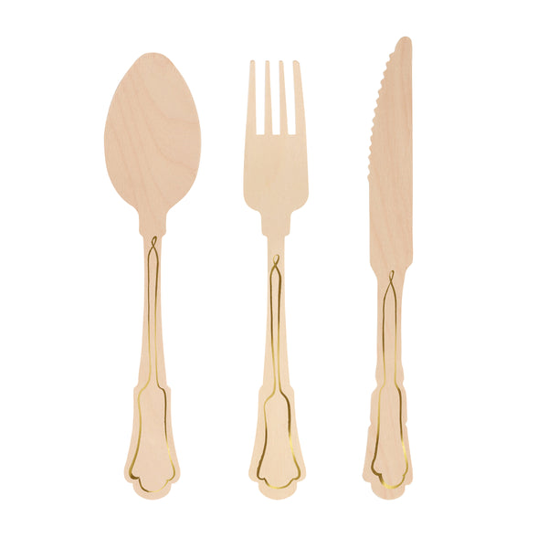 Our wooden knives, forks and spoons feature gold foil details, making them perfect as garden party cutlery.