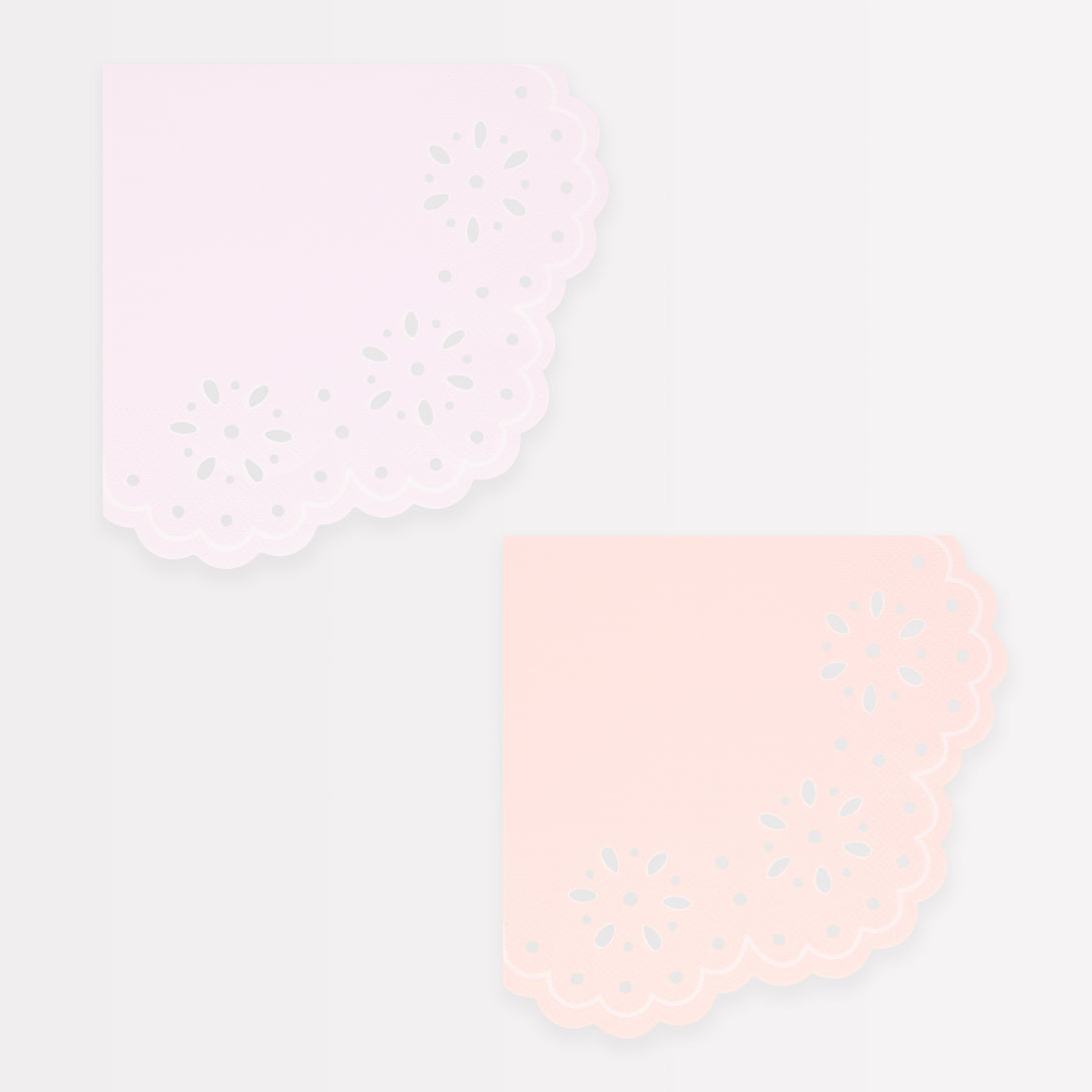 Our large party napkins, pink and peach napkins, have a pretty embossed lace design.