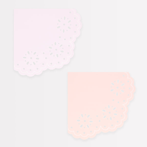 Our large party napkins, pink and peach napkins, have a pretty embossed lace design.