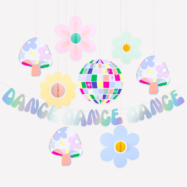 Add fun to your dance party with our groovy garland set of a fun garland and hanging decorations, with bright colors, icons and shiny silver foil. Image1