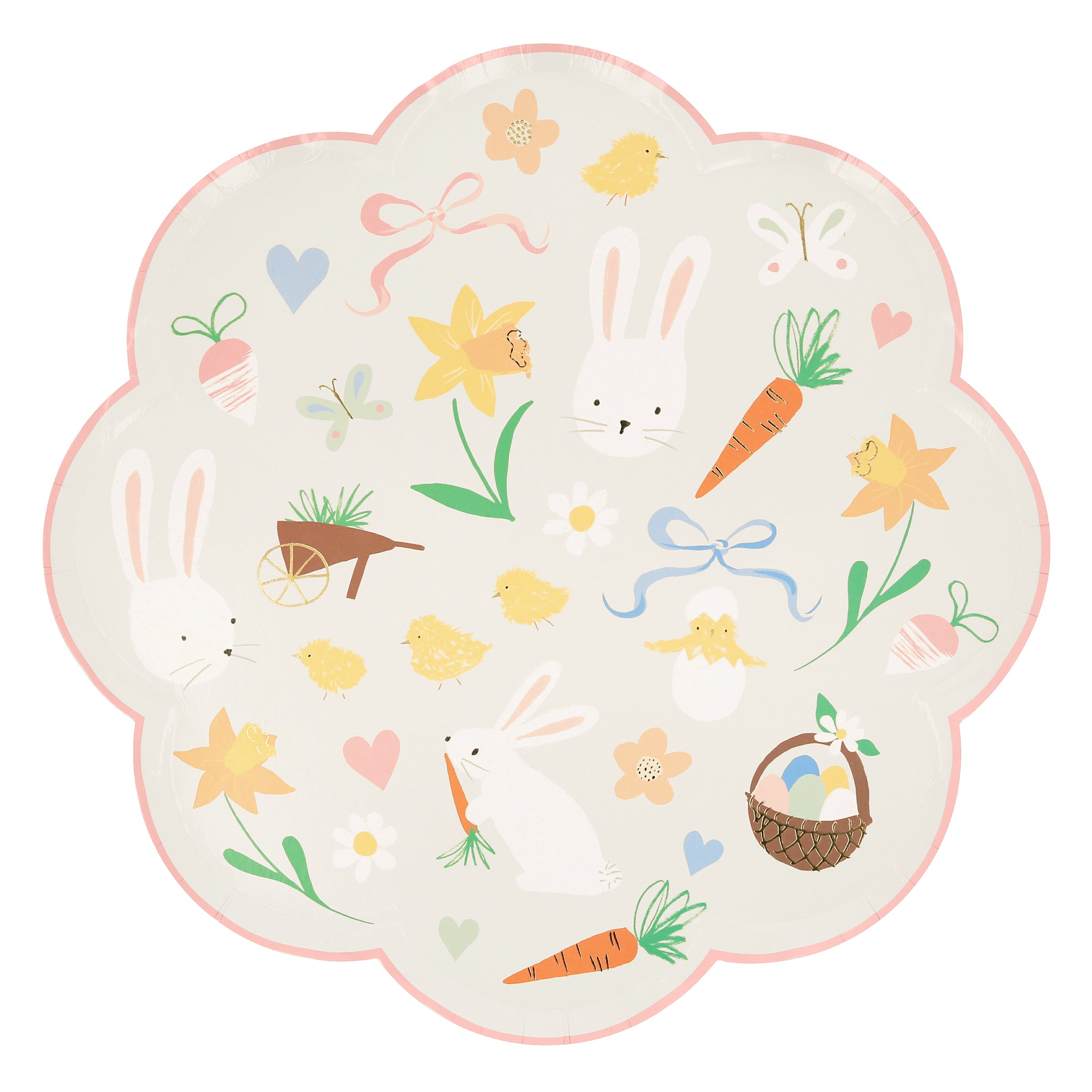 Our party pastel plates, with colored borders, features Easter bunnies, eggs and chicks.