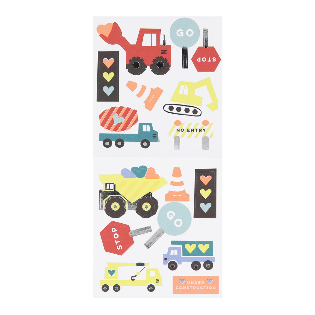 Our Valentine's cards for kids set include brightly colored trucks and Valentine's stickers.