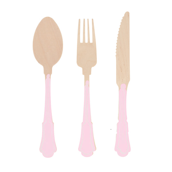 Our disposable cutlery set, made from wood with pretty pink handles, is ideal for a princess party, fairy party or picnic.