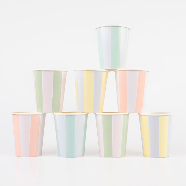 Our striped cups are the perfect paper cups, in pastel shades, for any springtime party.