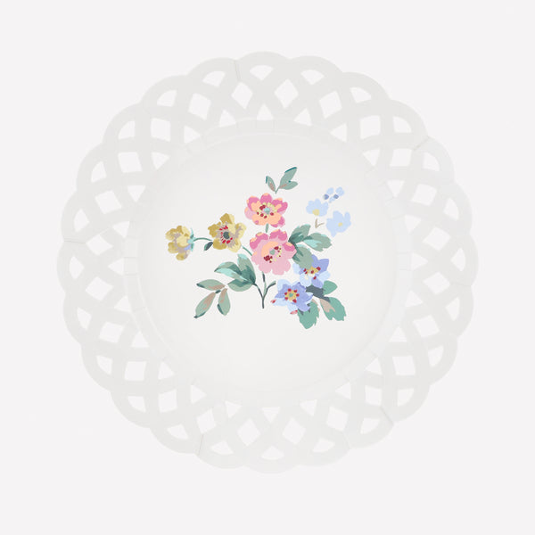 Our paper plates, in a small plate size, feature a cut out basketweave effect and a pretty posy design, ideal for bridal showers or special meals. Image1