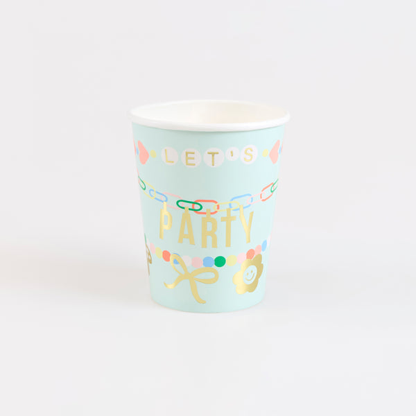 Our paper cups, with pastel colors, shiny gold foil and pretty charm inspired designs, are ideal as birthday party cups. Image1