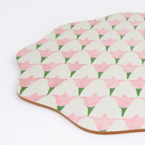 Our pink placemat, made from laminated paper and wood with a cork backing, features a pretty tulip Molly Mahon design. Image3
