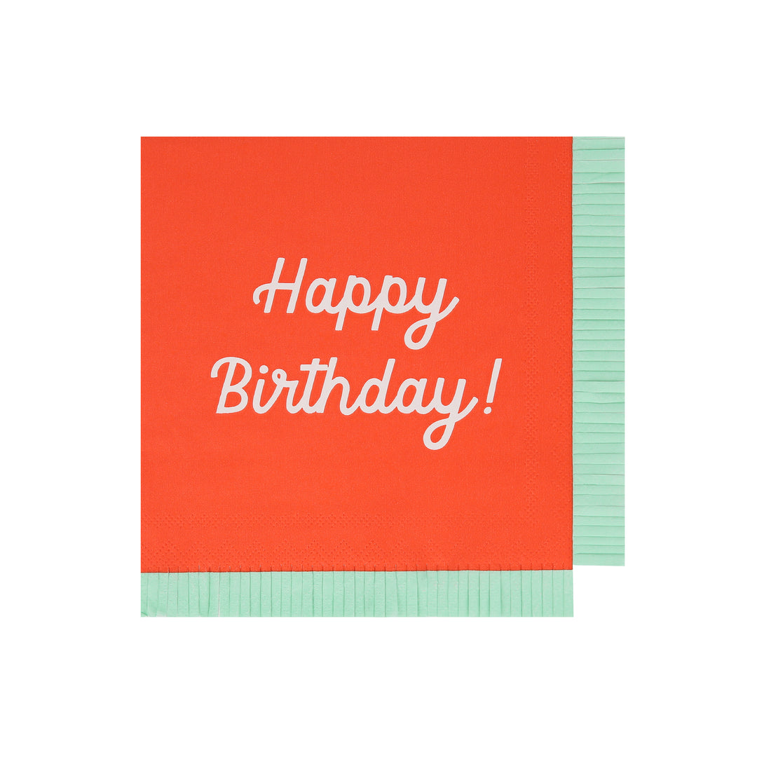 Our paper birthday napkins are made in bright colors with the words Happy Birthday on them.