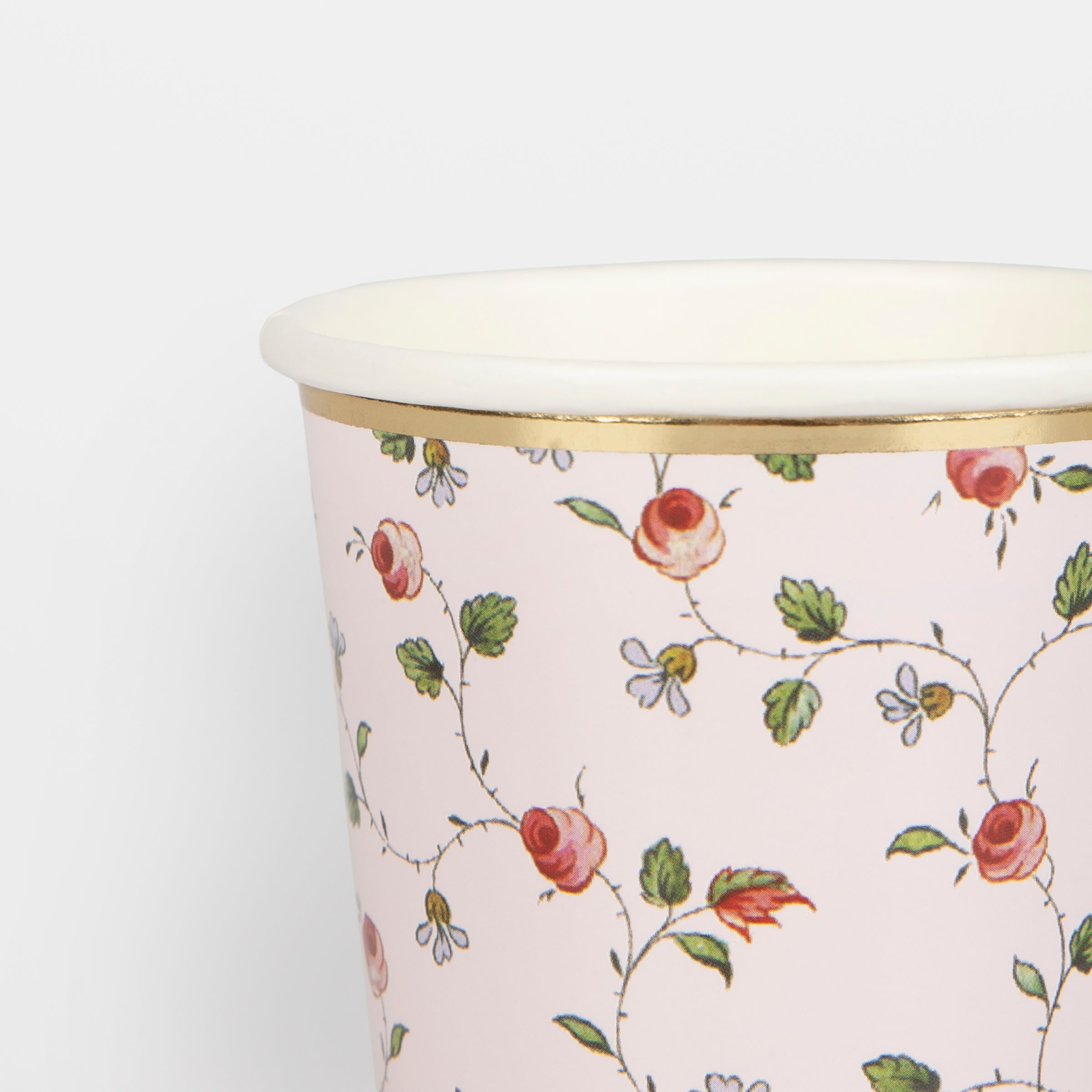 Our paper cups, in pink and red, with a gold foil border are ideal for a bridal shower.