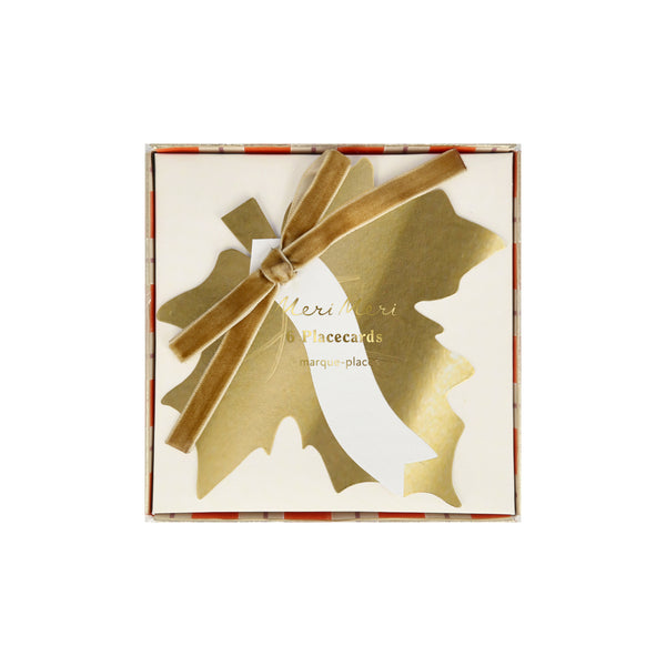 Our dinner party place cards are shaped like leaves, with gold foil details and elegant velvet ribbon bows, perfect for fall parties. Image4