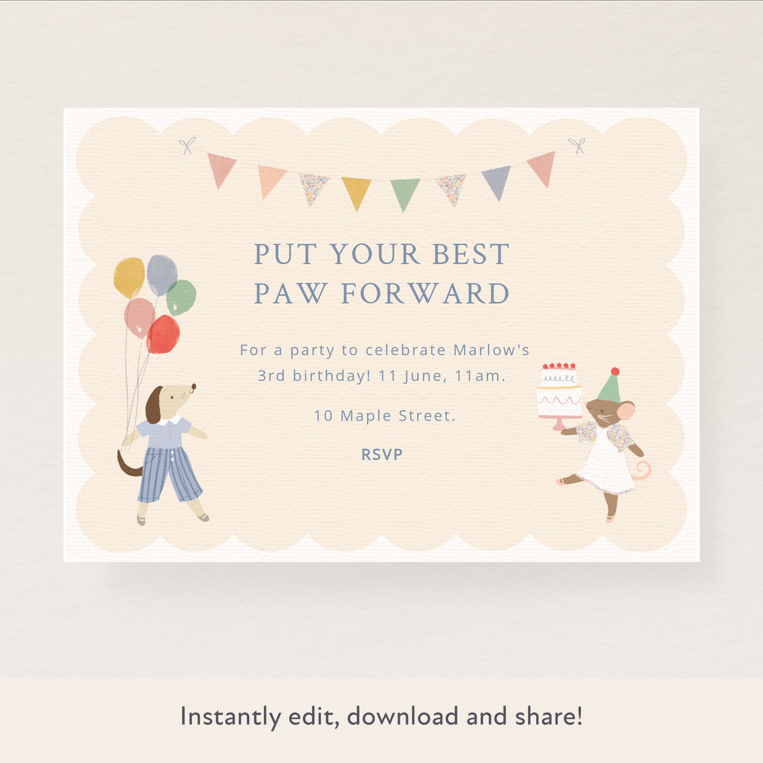 This fun Animal Friends digital party invitation is ideal for younger kids who love furry folk.