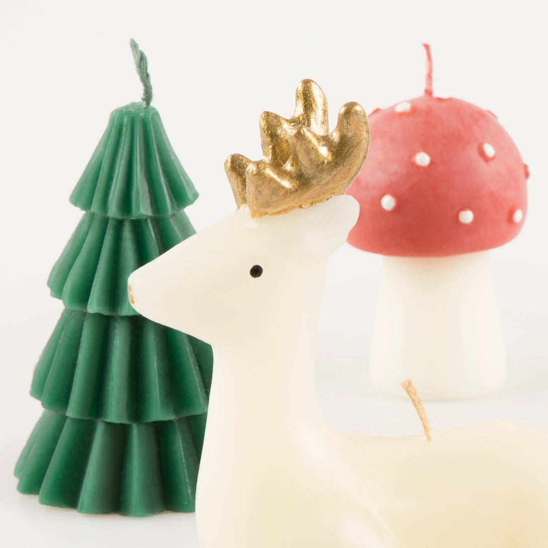 Our festive candle set, with Christmas tree candles, reindeer and mushrooms, make a great Christmas host gift.