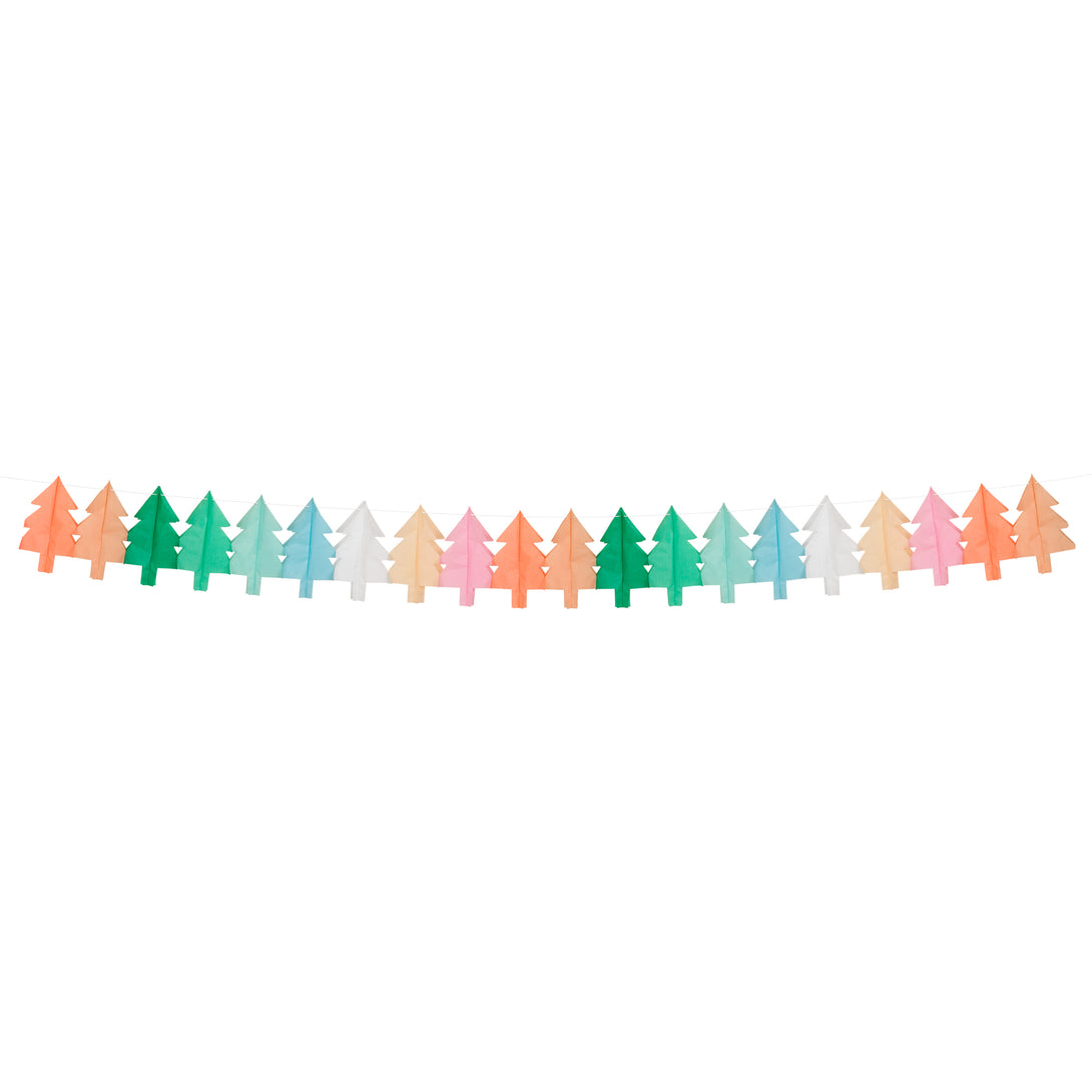 Our hanging Christmas decorations feature tissue paper Christmas trees in lots of colors for a merry and bright look.