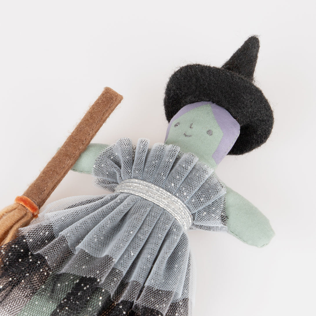 Our little witch doll has a pumpkin bag to live in, and is a lovely toy to take on sleepovers, to parties or on travels.