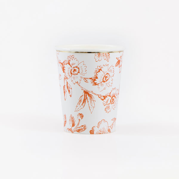 Our paper Thanksgiving cups feature an elegant Toile de Jouy print in rustic orange teamed with shiny gold foil details for a stylish look. Image1