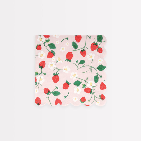 Our party napkins, in a handy small size, have a sweet strawberry design and scalloped edge, use them for picnics or garden parties.