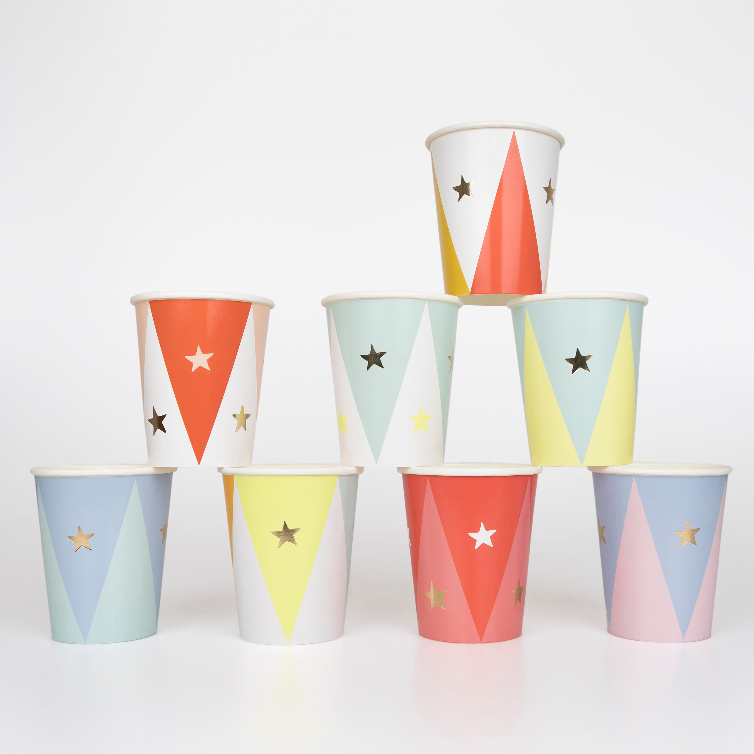 Our circus cups are perfect for a circus themed party, with bright colors and shiny gold foil stars.