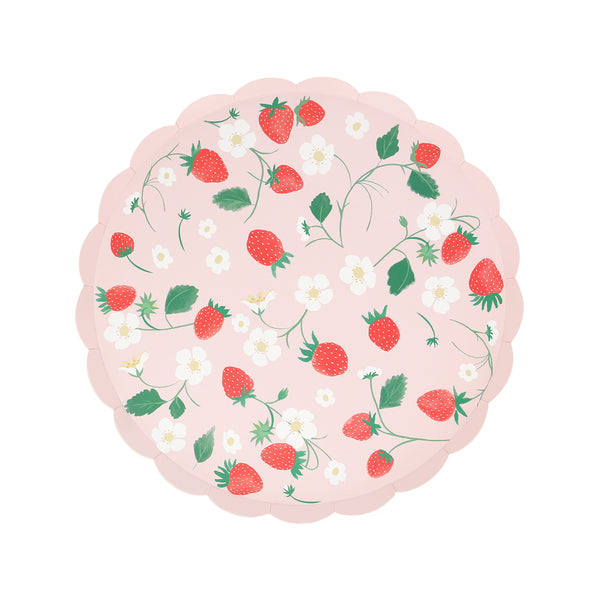 Our paper plates, in a small side plate size, feature a pretty pink and red strawberry design and scalloped edge.