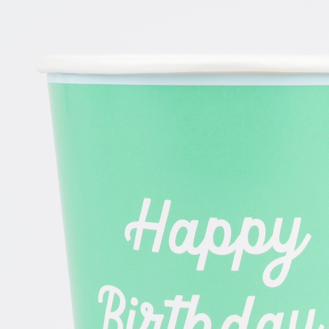 Our birthday party cups come in a rainbow of colors with the words Happy Birthday printed on the front.