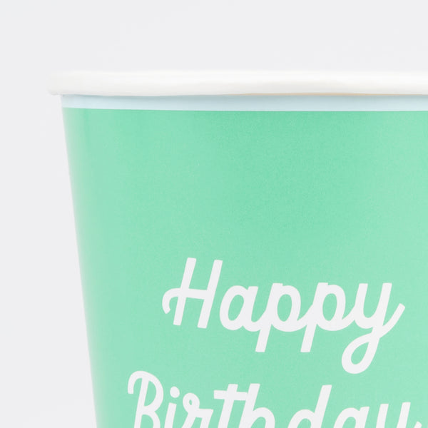 Our birthday party cups come in a rainbow of colors with the words Happy Birthday printed on the front. Image3