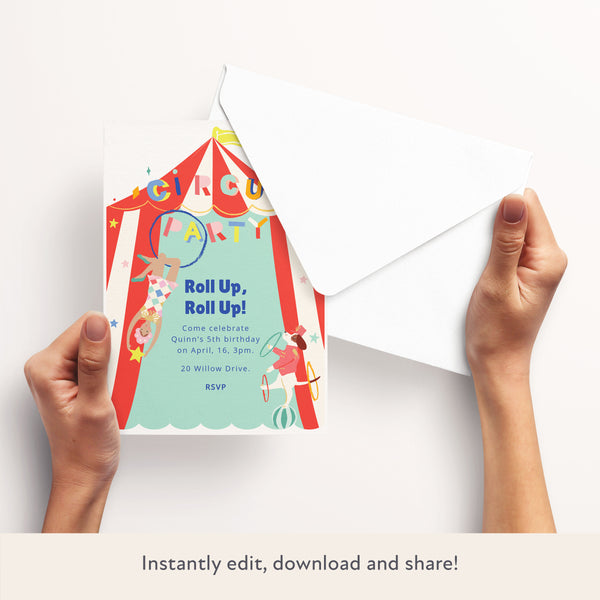 Our circus digital party invitation features a juggling dog, simply personalize it to make it perfect for your circus party. Image3