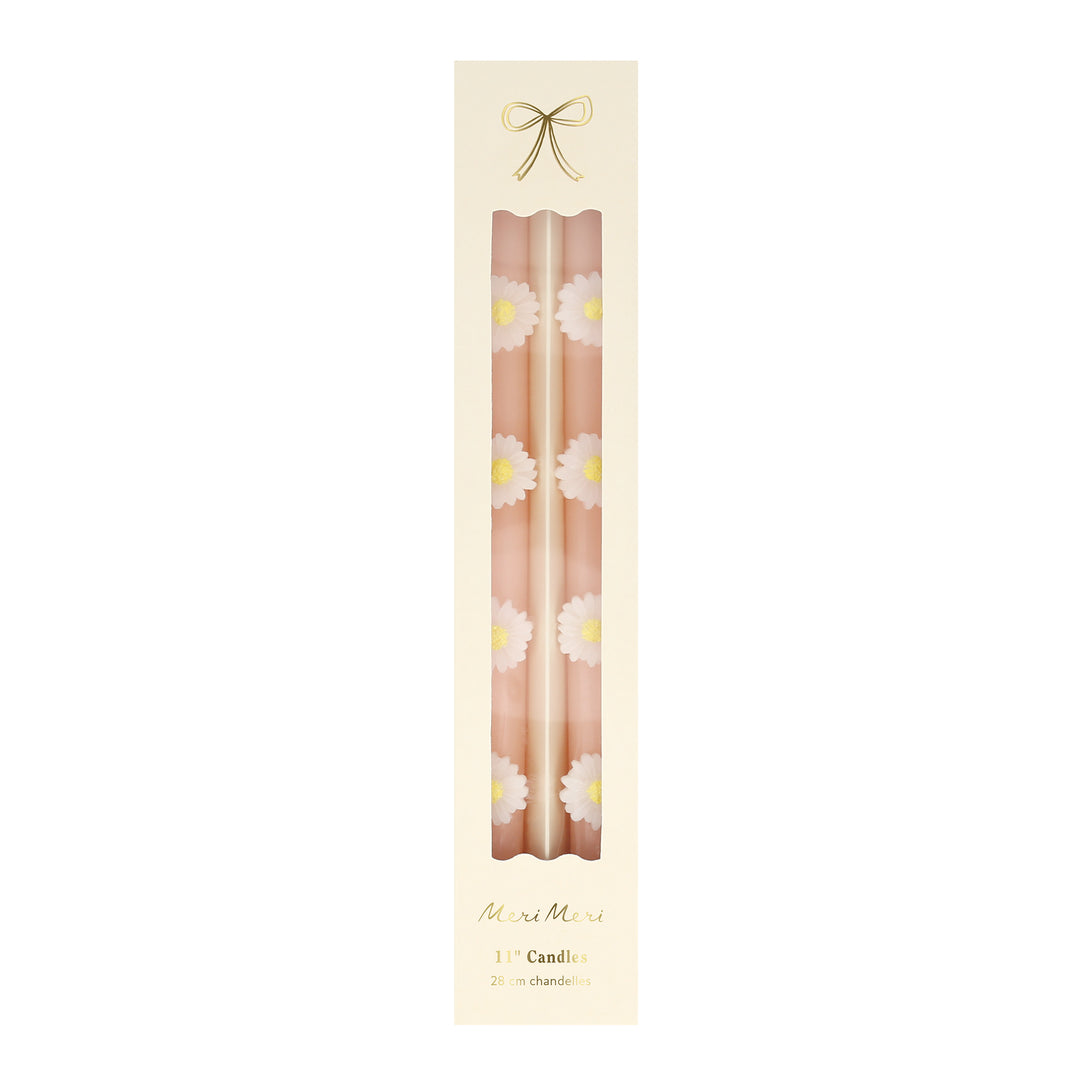 Make your springtime party look amazing with our tall pink candles, decorated with wax daisies, and with pink wicks.