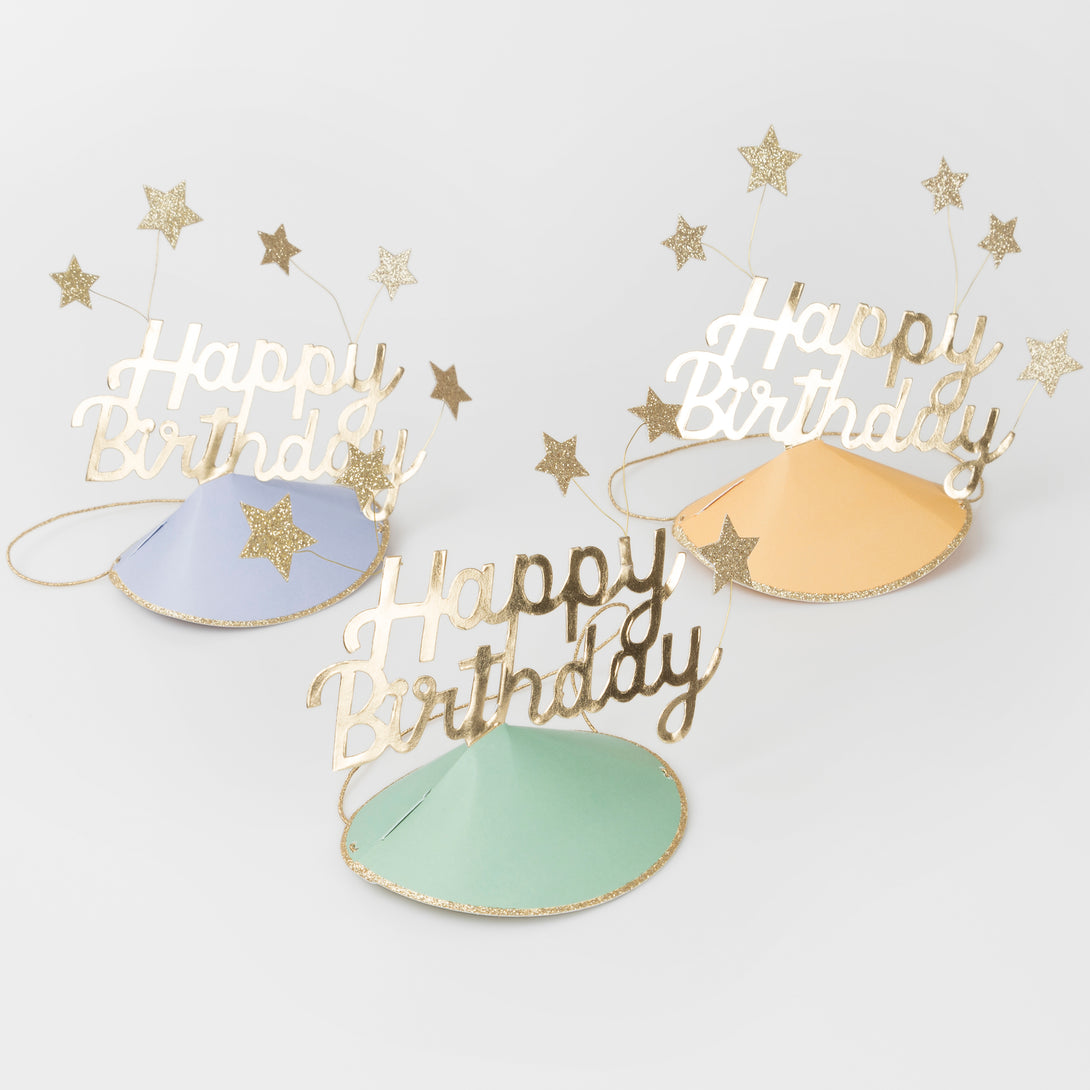 Make your guests look amazing with our fun birthday party hats, with gold glitter stars and bright colors.