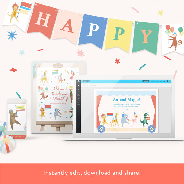 Our digital party bundle, with bright and beautiful animal illustrations, includes all you need to welcome guests to your party. Image11