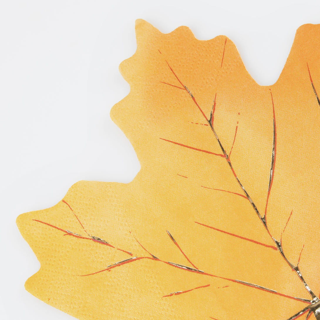 Our party napkins, in the shape of maple leaves, are the perfect Thanksgiving napkins or for a fall party.