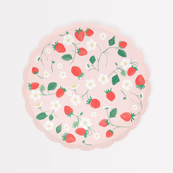 Our paper plates, in a small side plate size, feature a pretty pink and red strawberry design and scalloped edge.