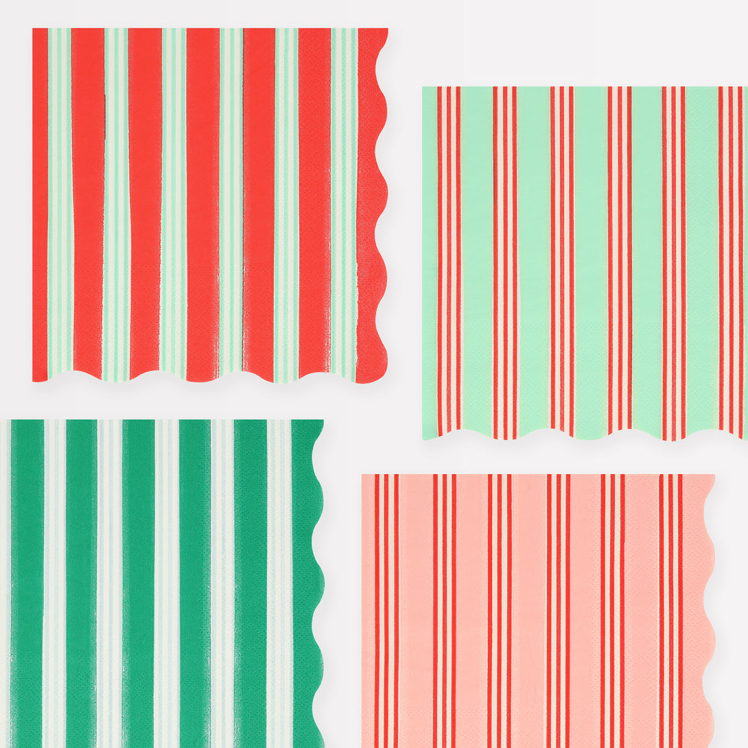 Our large striped napkins, in festive colors with scalloped edges, are perfect for all your Christmas meals.