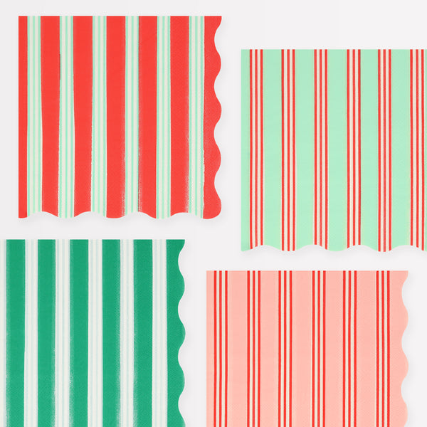 Our large striped napkins, in festive colors with scalloped edges, are perfect for all your Christmas meals.